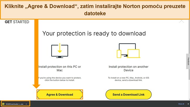 Snimka zaslona web-stranice Slažem se i preuzmi Norton, s naglaskom na instalacijsku datoteku.
