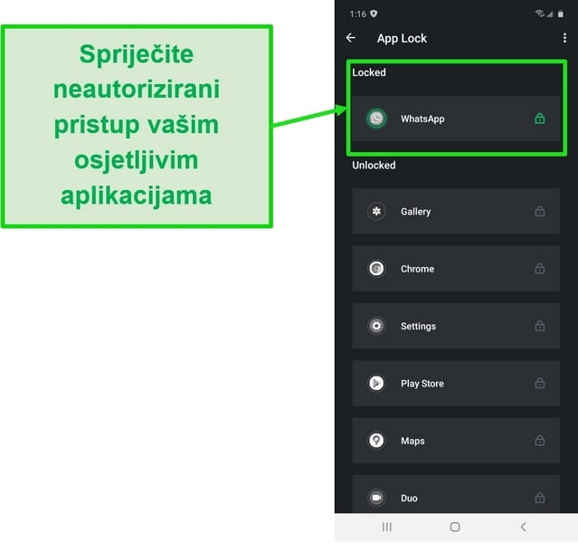 Snimka zaslona koja prikazuje značajku zaključavanja aplikacija u AndroidAV-ovoj aplikaciji TotalAV
