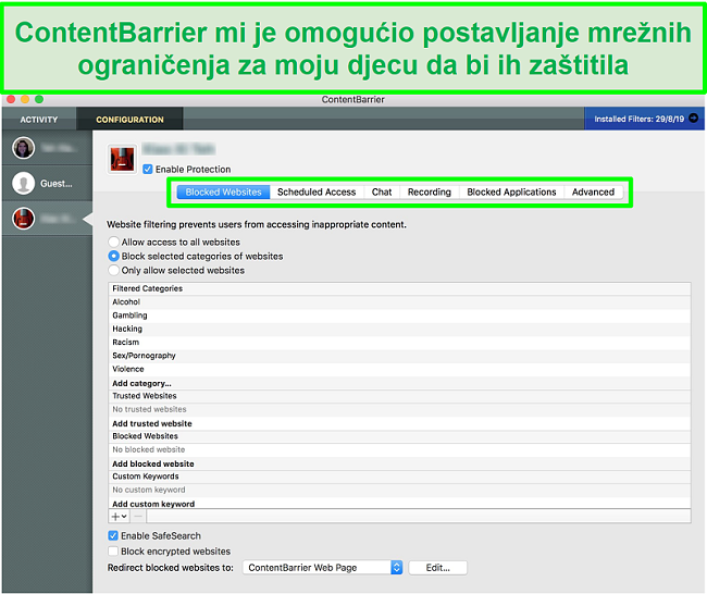 Snimak zaslona sučelja ContentBarrier koji prikazuje različite postavke roditeljskog nadzora