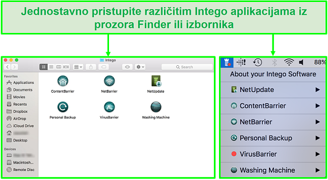Kako pristupiti snimkama zaslona različitih aplikacija Intego iz prozora ili trake izbornika Finder