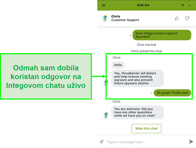Snimak zaslona Intego chata uživo koji pruža brzu i korisnu podršku