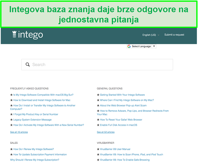 Snimka zaslona baze znanja Intego, koja prikazuje često postavljana pitanja i odgovore