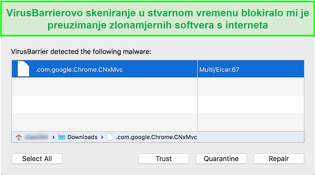 Snimak zaslona skočnog prozora za blokiranje zlonamjernog softvera intego