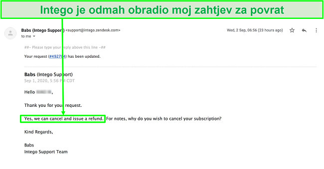 Snimka zaslona razgovora putem e-pošte s korisničkom podrškom tvrtke Intego i moj zahtjev za povrat sredstava mogu se odmah obraditi bez ikakvih problema.