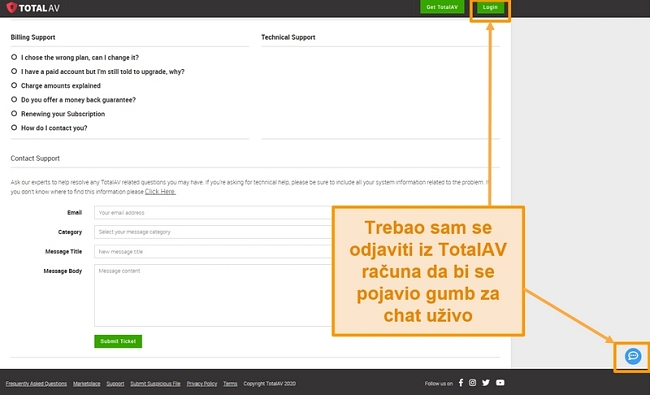 Snimka zaslona TotalAV-ove funkcije chata uživo