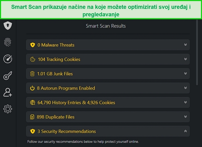 Snimka zaslona rezultata pametnog skeniranja