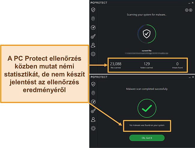 Pillanatkép arról, hogy a PC Protect rosszindulatú programkeresést hajt végre, amely csak a szkenneléskor jeleníti meg a statisztikákat. Ha elkészült, az eredmények eltűnnek.