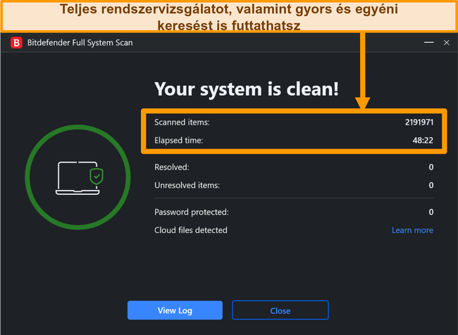 Pillanatkép a befejezett Bitdefender rendszerellenőrzésről.