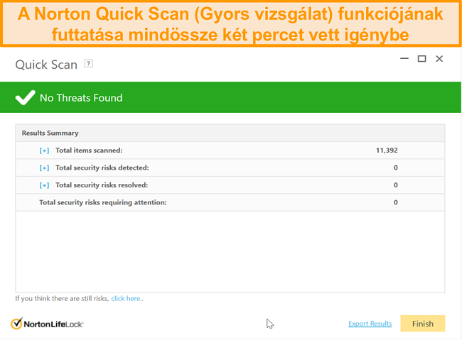 Pillanatkép a Norton 360 gyors vizsgálati eredményéről