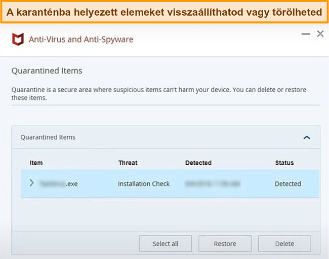 Pillanatkép a McAfee Quarantine szolgáltatásról