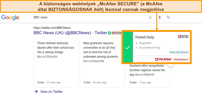 Pillanatkép a Google internetes kereséséről a McAfee WebAdvisor segítségével, amely egy webhelyet hiteles és biztonságos