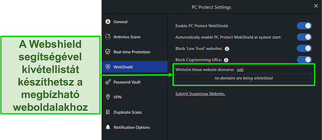 Képernyőkép a PC Protect WebShield beállításairól, amelyek segítenek megvédeni Önt az interneten.