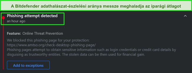 Bitdefender asztali adathalász figyelmeztetés.