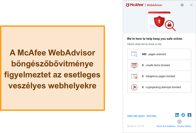 Pillanatkép a WebAdvisor funkcióról a McAfee webhelyén