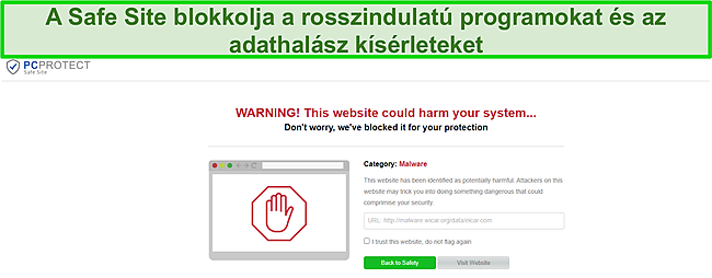 Képernyőkép a PC Protect biztonságos webhelyéről, amely sikeresen blokkolja a rosszindulatú programokat.