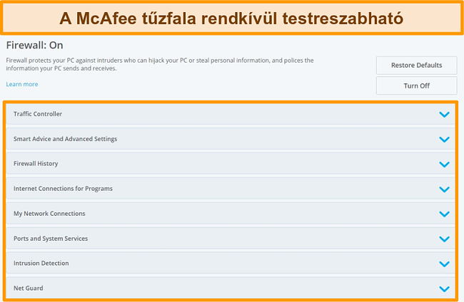 Képernyőkép a McAfee Firewall szolgáltatásairól