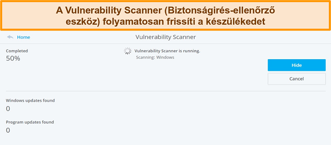 Pillanatkép a McAfee Vulnerability Scannerről, amely rendszerellenőrzést hajt végre