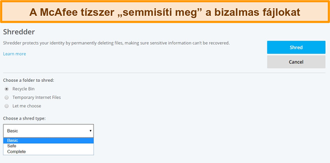 Pillanatkép a McAfee Shredder funkcióról