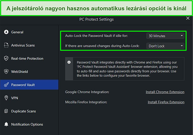 Képernyőkép a PC Protect jelszavas tárolójának beállításairól az automatikus zárolási funkcióval.