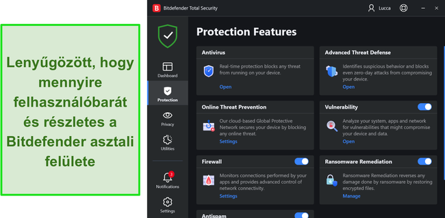 A Bitdefender asztali felülete