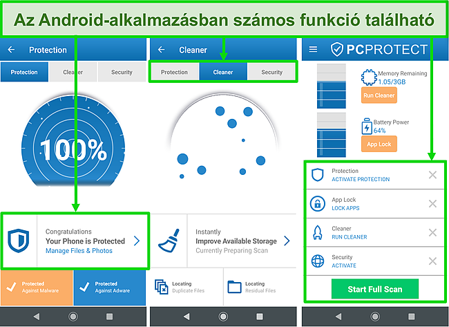 Pillanatkép a PC Protect Android -alkalmazásáról, amely számos funkciót kínál.