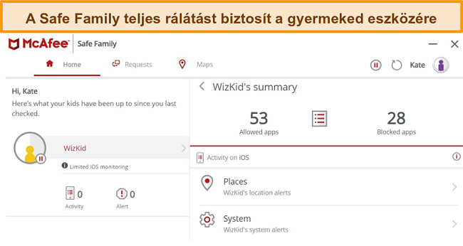 Képernyőkép a McAfee Safe Family szülői felügyeleti funkcióról, amely egy iPhone-hoz kapcsolódik