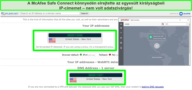 Az adatszivárgás nélküli IP-szivárgási teszt képernyőképe az Egyesült Államok szerveréhez csatlakozó McAfee Safe Connect alkalmazással