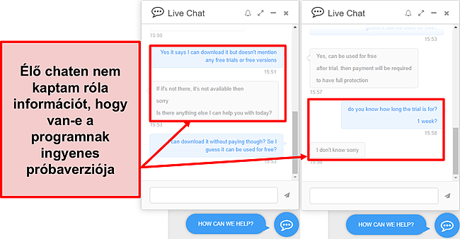 Képernyőkép arról, hogy a PC Protect támogatási csapata nem tudta megmondani, hogy van -e ingyenes próbaidőszak, és ha igen, mennyi ideig tartott.