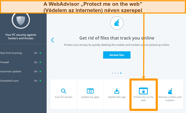 Képernyőkép a McAfee alkalmazás irányítópultjáról, kiemelve a WebAdvisor funkciót