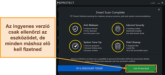 Pillanatkép a PC Protect ingyenes verziójáról, amely ellenőrzi a frissítést, mielőtt azt kéri.