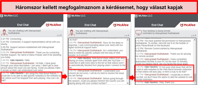 Pillanatkép a McAfee élő csevegéséről, amely technikai kérdést próbál megoldani