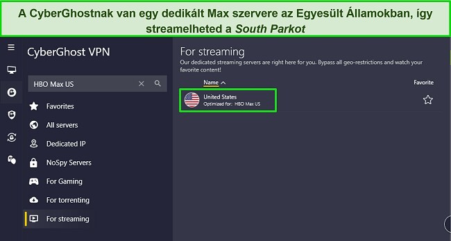 A CyberGhost Windows alkalmazásának képe, kiemelve a dedikált HBO Max streaming szervert.