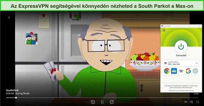 Képernyőkép a South Park 26. évadának streameléséről a Maxon, az ExpressVPN-nel egy USA-New York szerverhez csatlakozva.
