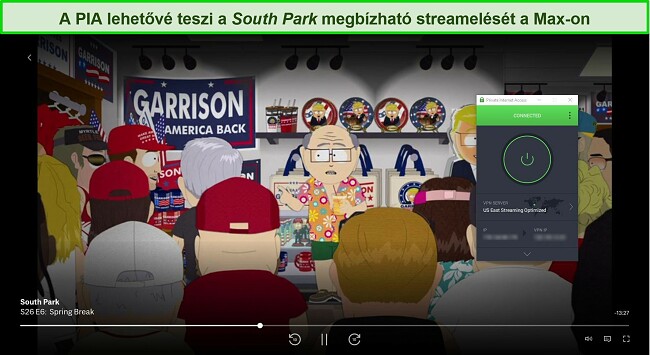 Képernyőkép a PIA VPN streameléséről a South Parkban a Maxon.