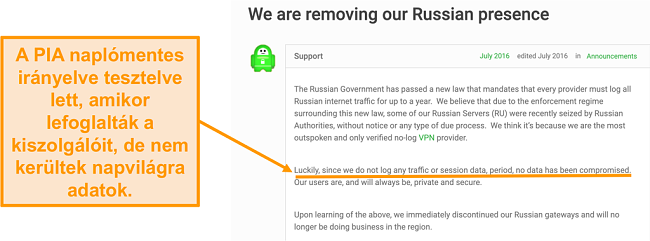 Képernyőkép a privát internet-hozzáférés VPN webhelyéről egy blogbejegyzésvel, amely leírja a PIA Oroszországi kivonulásának okát