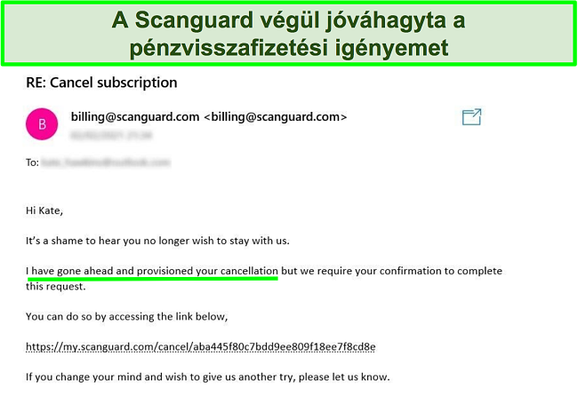 Képernyőkép egy felhasználóról, aki visszatérítést kér a pénzvisszafizetési garanciával a Scanguard ügyfélszolgálati csapatától