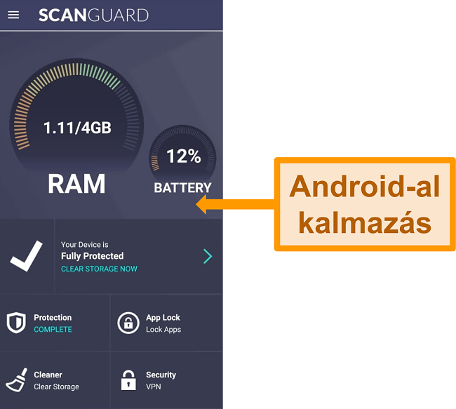 Képernyőkép a Scanguard Android alkalmazásfelületéről.