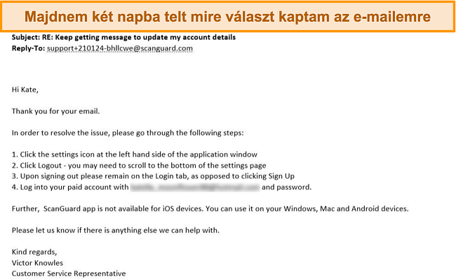 Képernyőkép a Scanguard ügyfélszolgálati e -mail válaszáról.