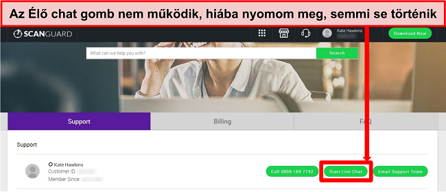 Képernyőkép a Scanguard ügyfélszolgálati webhelyéről, az Live Chat gomb kiemelve.