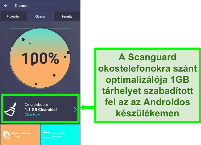 Képernyőkép a Scanguard Cleaner funkciójáról az Androidon, amely több mint 1 GB ismétlődő fényképet töröl.