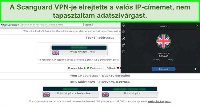 Képernyőkép a Scanguard VPN -jéről és IP -szivárgás teszt, amely nem mutat adatszivárgást.