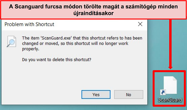 Képernyőkép a Scanguard meghibásodott parancsikonjáról Windows PC -n.