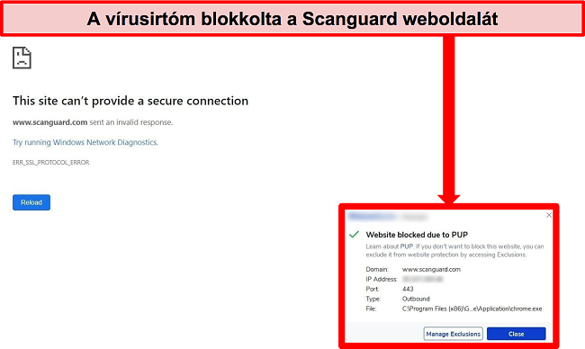 Képernyőkép a víruskeresőről, amely blokkolja a Scanguard webhelyét a PUP miatt.