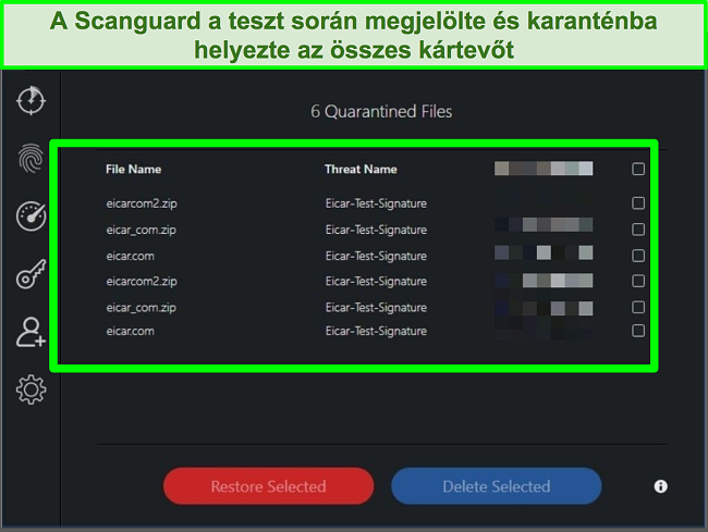 Képernyőkép a Scanguard karanténjáról több rosszindulatú program tesztfájljával.