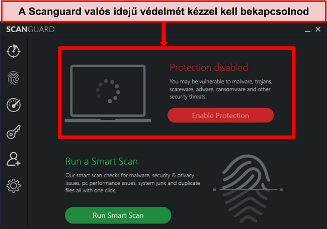 Képernyőkép a Scanguard víruskereső alkalmazásáról, és a valós idejű védelem le van tiltva.