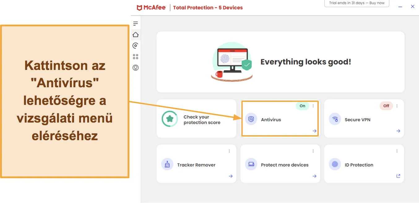 Képernyőképek, amelyek bemutatják, hogyan lehet elérni a McAfee víruskeresőit.
