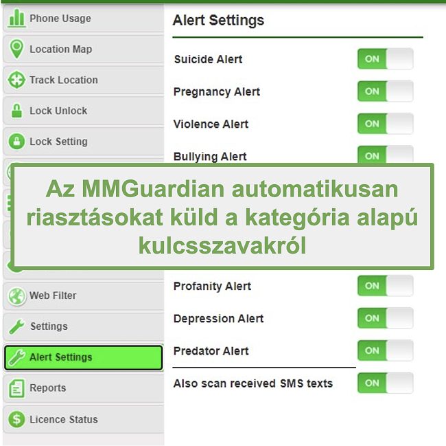Pillanatkép arról, hogy az MMGuardian automatikusan riasztásokat küld a kategória alapú kulcsszavakról