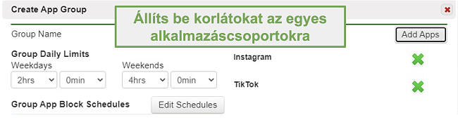 Pillanatkép az alkalmazáscsoportok korlátozásainak beállításáról