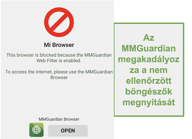 Az MMGuardian képernyőképe megakadályozza a nem szűrt böngészők megnyitását
