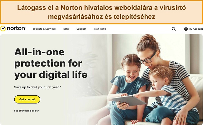 Képernyőkép a Norton hivatalos webhelyének kezdőlapjáról.